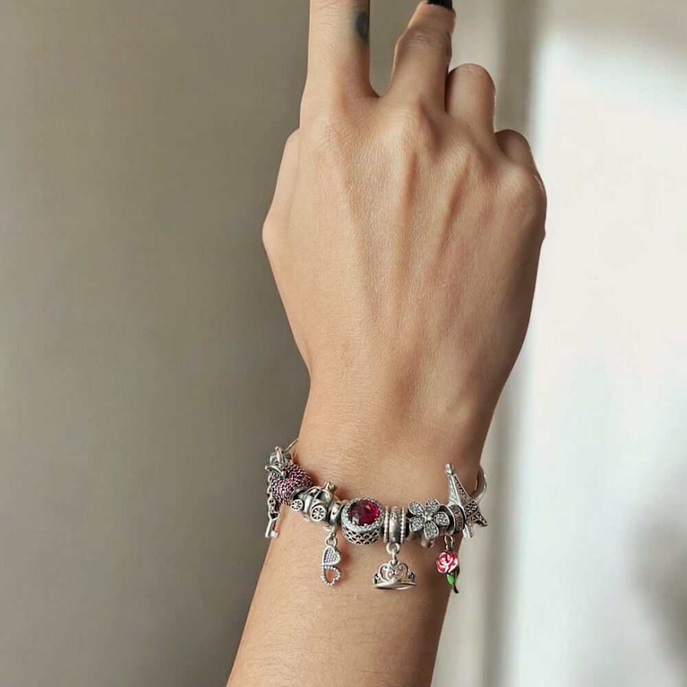 Bracelete Pandora + 9 Charms de prata, 17 cm